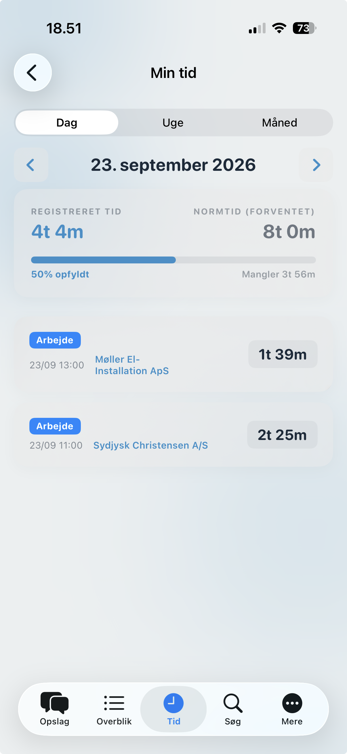 Min tid-oversigt i Servicedrift-appen på iOS