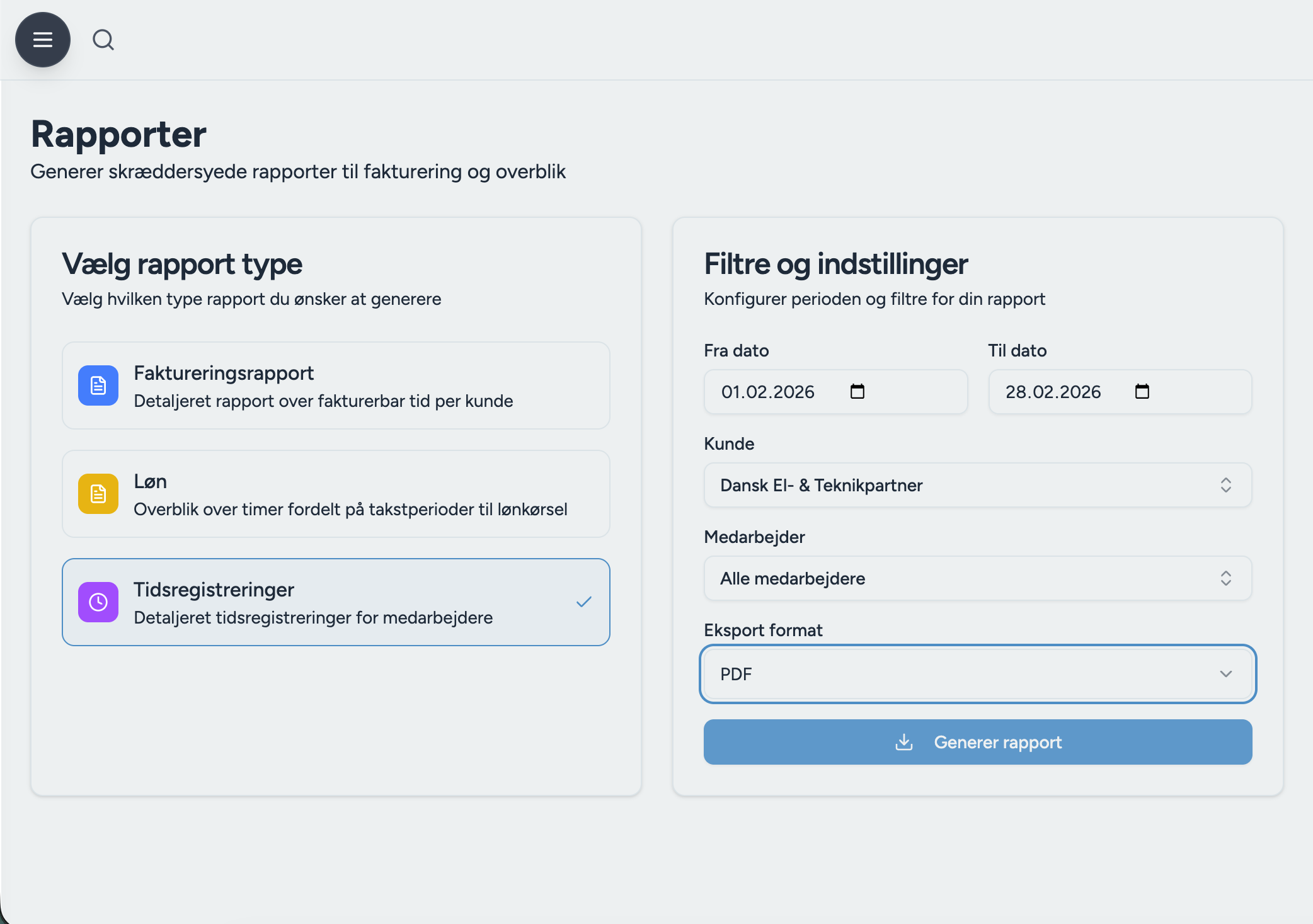 Rapportering - UI Eksport